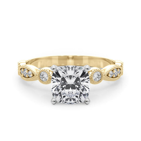 Yellow gold Cushion Milgrain Bezel Diamond Engagement Ring with Solitaire Prong Setting