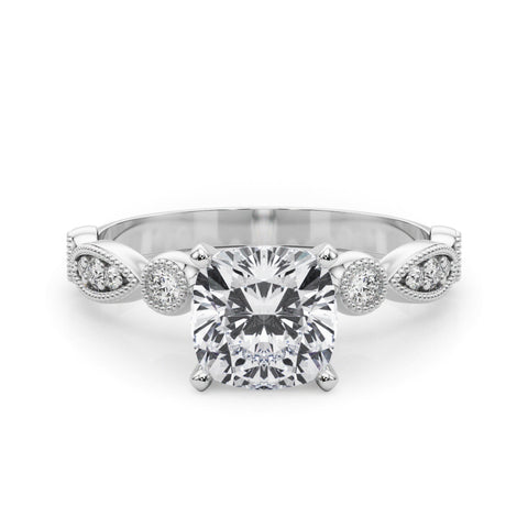 White gold Cushion Milgrain Bezel Diamond Engagement Ring with Solitaire Prong Setting