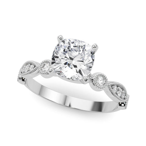 White gold Cushion Milgrain Bezel Diamond Engagement Ring with Solitaire Prong Setting