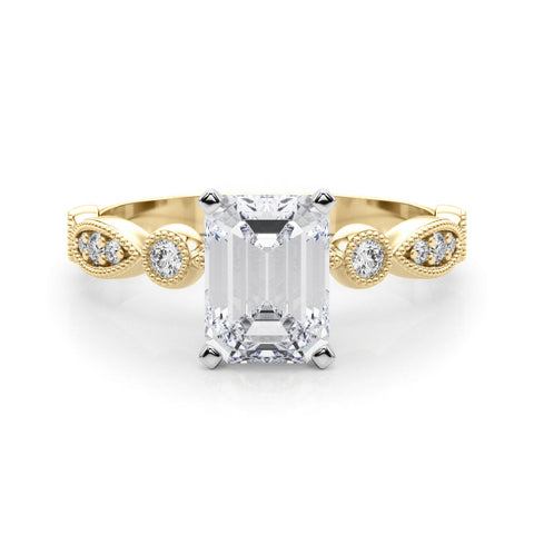 Yellow gold Emerald Milgrain Bezel Diamond Engagement Ring with Solitaire Prong Setting