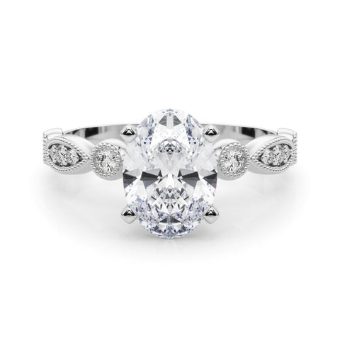 White gold Oval Milgrain Bezel Diamond Engagement Ring with Solitaire Prong Setting