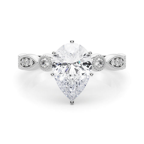White gold Pear Milgrain Bezel Diamond Engagement Ring with Solitaire Prong Setting
