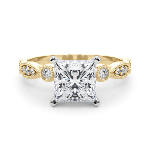 Yellow gold Princess Milgrain Bezel Diamond Engagement Ring with Solitaire Prong Setting