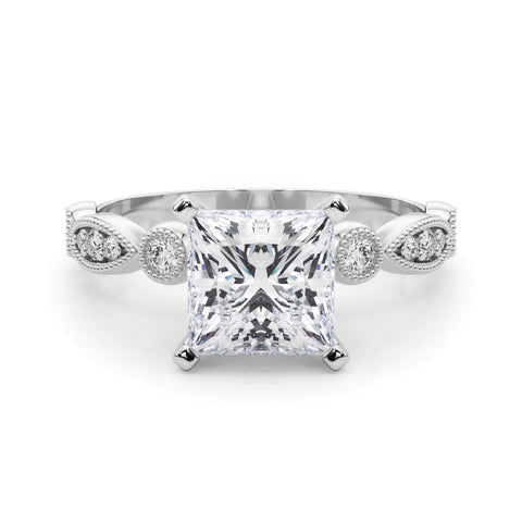 Platinum Princess Milgrain Bezel Diamond Engagement Ring with Solitaire Prong Setting