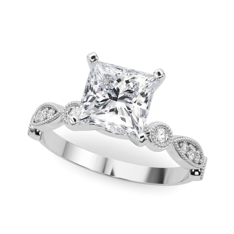 Platinum Princess Milgrain Bezel Diamond Engagement Ring with Solitaire Prong Setting