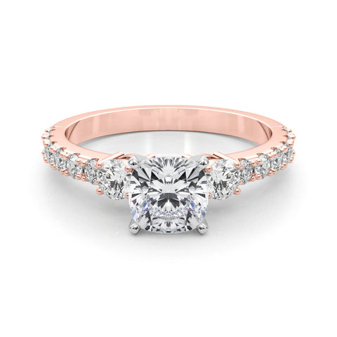 Rose gold Cushion Cut Three-Stone Diamond Pavé Band with Prong Setting