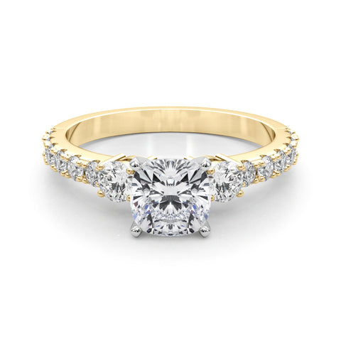 Yellow gold Cushion Cut Three-Stone Diamond Pavé Band with Prong Setting