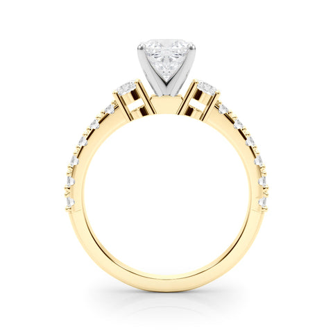 Yellow gold Cushion Cut Three-Stone Diamond Pavé Band with Prong Setting