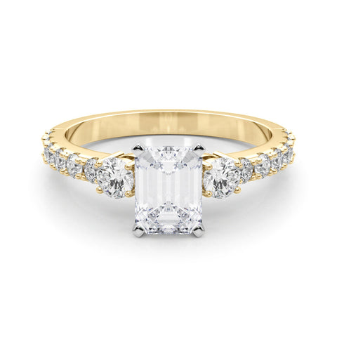 Yellow gold Radiant Cut Three-Stone Diamond Pavé Band with Prong Setting