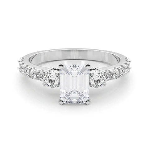White gold Emerald Cut Three-Stone Diamond Pavé Band with Prong Setting