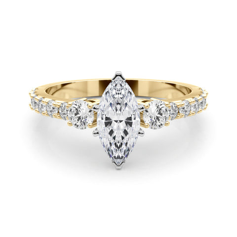 Yellow gold Marquise Cut Three-Stone Diamond Pavé Band with Prong Setting