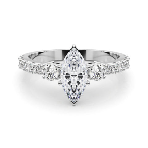 Platinum Marquise Cut Three-Stone Diamond Pavé Band with Prong Setting