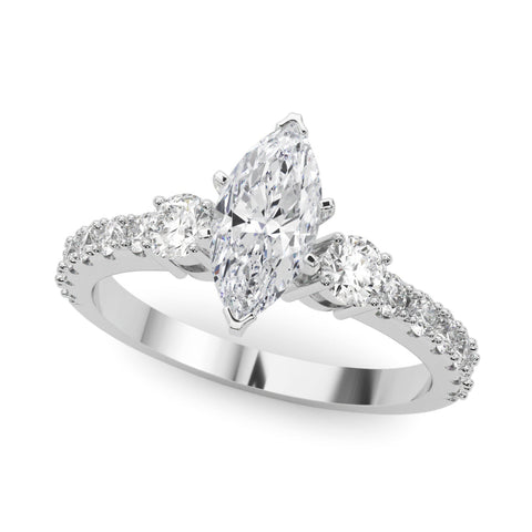 Platinum Marquise Cut Three-Stone Diamond Pavé Band with Prong Setting