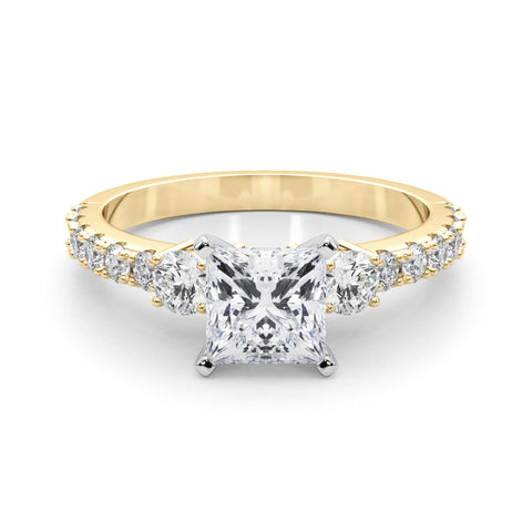 Yellow gold Heart Cut Three-Stone Diamond Pavé Band with Prong Setting