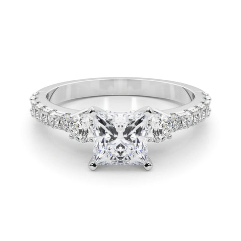 Platinum Heart Cut Three-Stone Diamond Pavé Band with Prong Setting