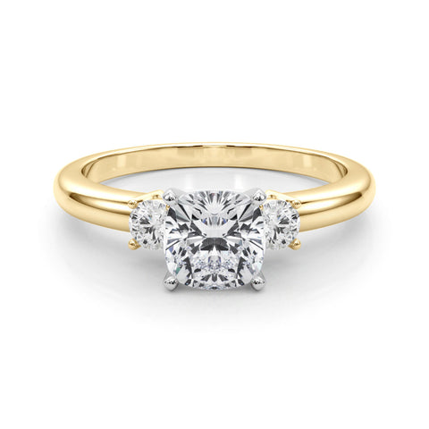 Yellow gold Three-Stone Cushion Cut Diamond Solitaire with Prong Setting and Classic Band