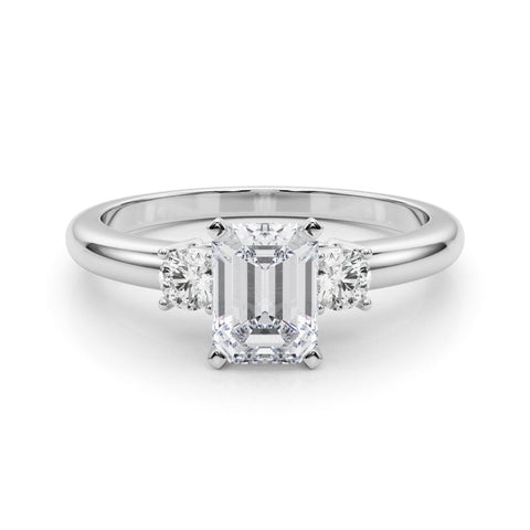 White gold Three-Stone Emerald Cut Diamond Solitaire with Prong Setting and Classic Band