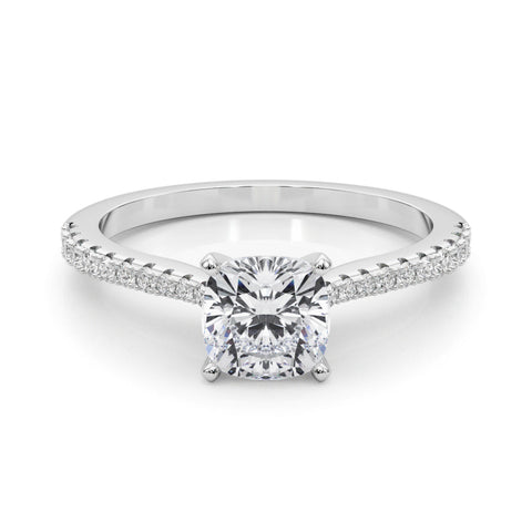 White gold Cushion Cut Solitaire Diamond Engagement Ring with Pave Band and Four-Prong Setting