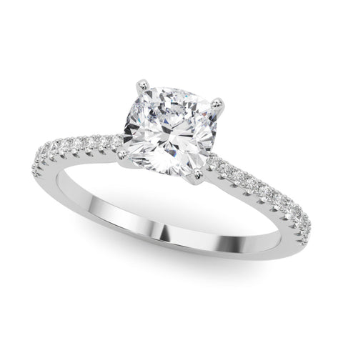 White gold Cushion Cut Solitaire Diamond Engagement Ring with Pave Band and Four-Prong Setting