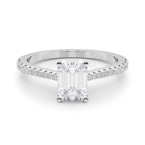 Platinum Radiant Cut Solitaire Diamond Engagement Ring with Pave Band and Four-Prong Setting