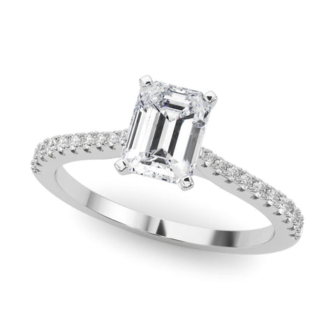 White gold Radiant Cut Solitaire Diamond Engagement Ring with Pave Band and Four-Prong Setting