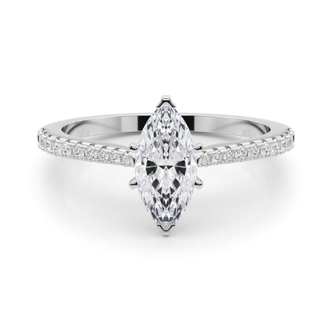 White gold Marquise Cut Solitaire Diamond Engagement Ring with Pave Band and Four-Prong Setting