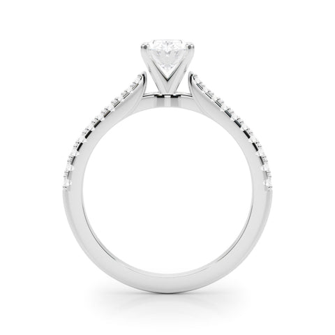 Silver Oval Cut Solitaire Diamond Engagement Ring with Pave Band and Four-Prong Setting