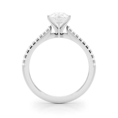 Silver Pear Cut Solitaire Diamond Engagement Ring with Pave Band and Four-Prong Setting