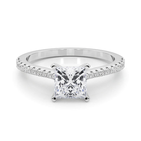 White gold Princess Cut Solitaire Diamond Engagement Ring with Pave Band and Four-Prong Setting
