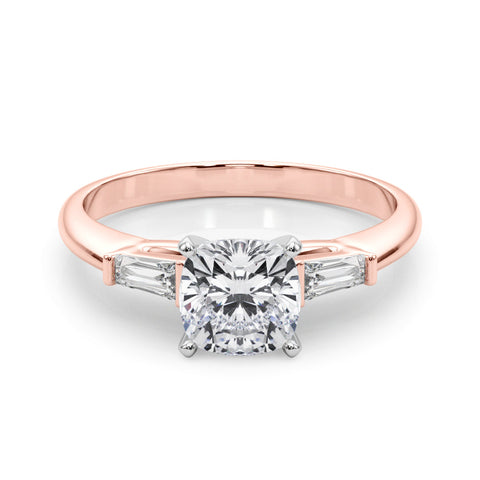 Rose gold Cushion Solitaire with Tapered Baguette Side Stones on a Classic Band with Four-Prong Setting