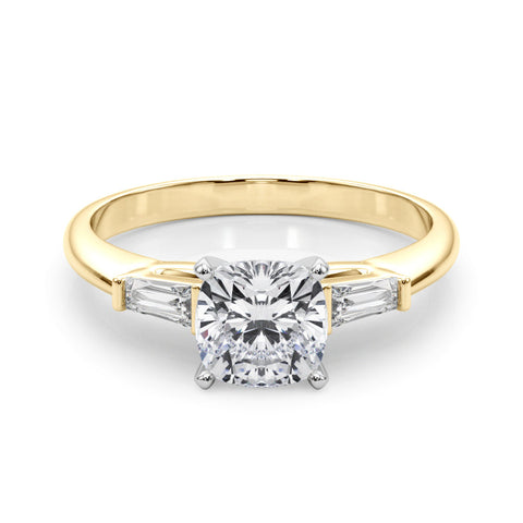Yellow gold Cushion Solitaire with Tapered Baguette Side Stones on a Classic Band with Four-Prong Setting