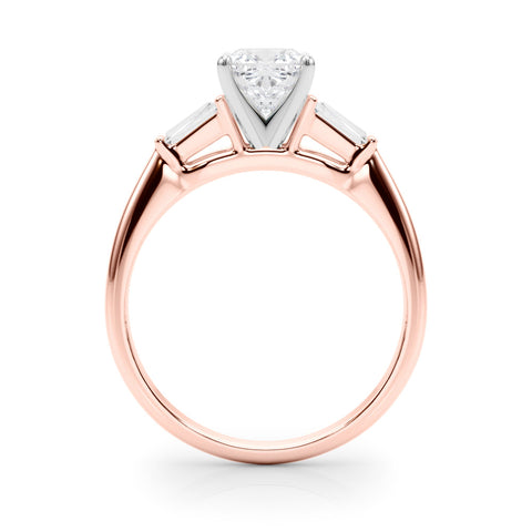 Rose gold Cushion Solitaire with Tapered Baguette Side Stones on a Classic Band with Four-Prong Setting