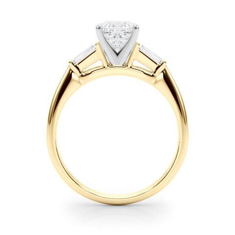 Yellow gold Cushion Solitaire with Tapered Baguette Side Stones on a Classic Band with Four-Prong Setting