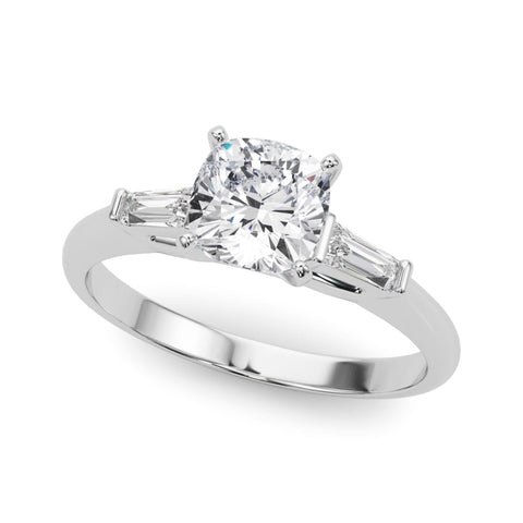 White gold Cushion Solitaire with Tapered Baguette Side Stones on a Classic Band with Four-Prong Setting