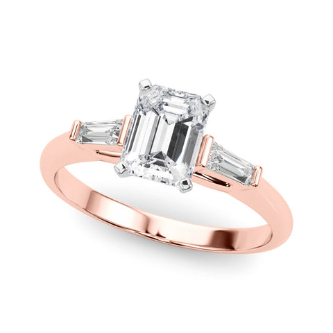 Rose gold Radiant Solitaire with Tapered Baguette Side Stones on a Classic Band with Four-Prong Setting