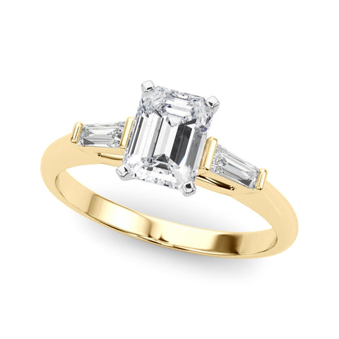 Yellow gold Radiant Solitaire with Tapered Baguette Side Stones on a Classic Band with Four-Prong Setting
