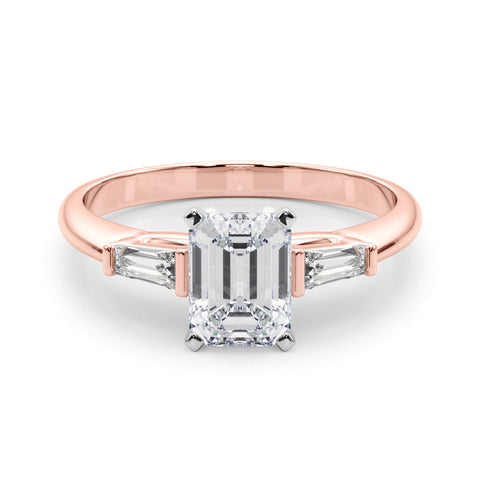 Rose gold Radiant Solitaire with Tapered Baguette Side Stones on a Classic Band with Four-Prong Setting