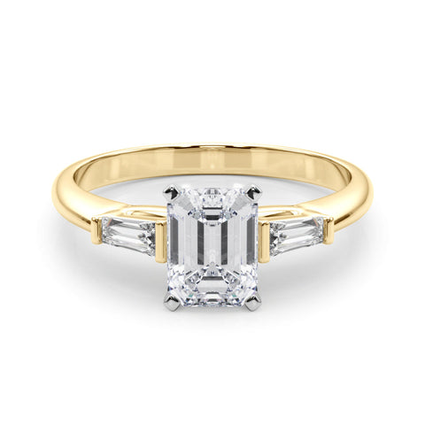 Yellow gold Radiant Solitaire with Tapered Baguette Side Stones on a Classic Band with Four-Prong Setting