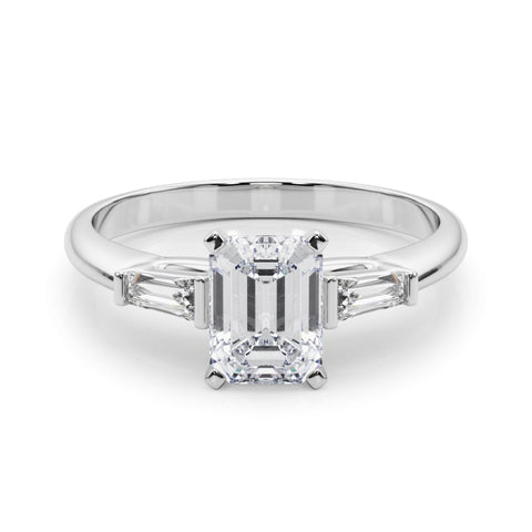 White gold Radiant Solitaire with Tapered Baguette Side Stones on a Classic Band with Four-Prong Setting
