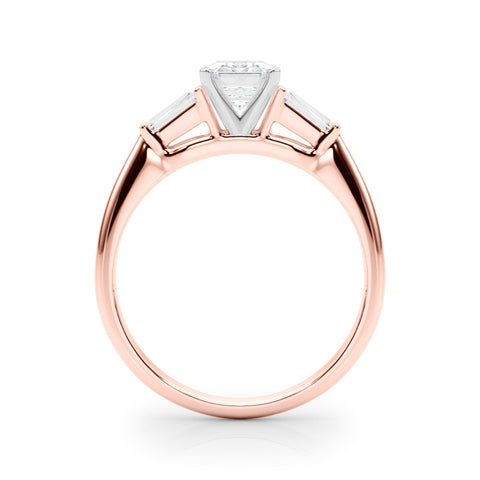 Rose gold Emerald Solitaire with Tapered Baguette Side Stones on a Classic Band with Four-Prong Setting