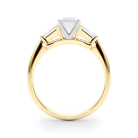 Yellow gold Radiant Solitaire with Tapered Baguette Side Stones on a Classic Band with Four-Prong Setting