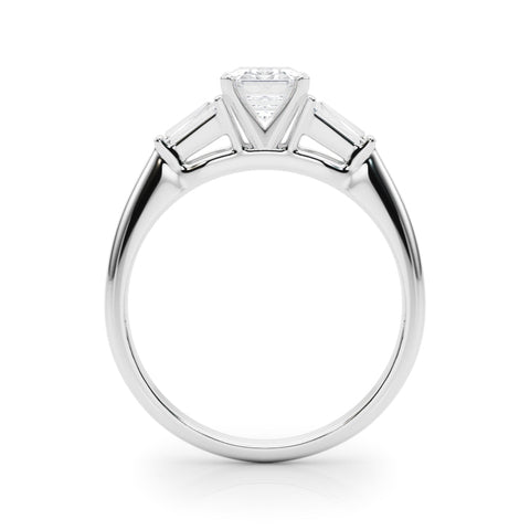 White gold Radiant Solitaire with Tapered Baguette Side Stones on a Classic Band with Four-Prong Setting