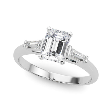White gold Radiant Solitaire with Tapered Baguette Side Stones on a Classic Band with Four-Prong Setting