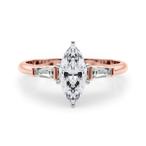 Rose gold Marquise Solitaire with Tapered Baguette Side Stones on a Classic Band with Four-Prong Setting
