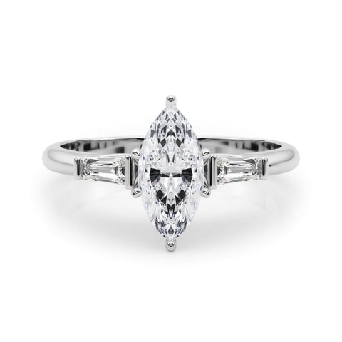 Platinum Marquise Solitaire with Tapered Baguette Side Stones on a Classic Band with Four-Prong Setting