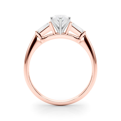 Rose gold Marquise Solitaire with Tapered Baguette Side Stones on a Classic Band with Four-Prong Setting
