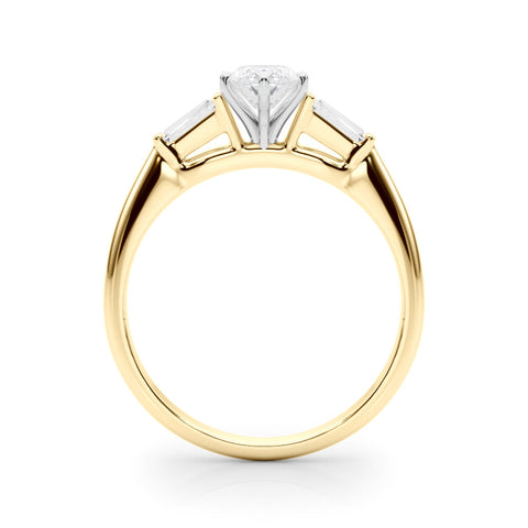 Yellow gold Marquise Solitaire with Tapered Baguette Side Stones on a Classic Band with Four-Prong Setting