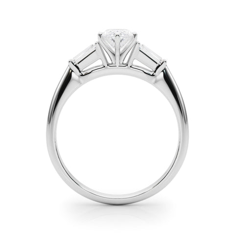 White gold Marquise Solitaire with Tapered Baguette Side Stones on a Classic Band with Four-Prong Setting