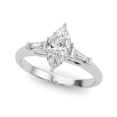 White gold Marquise Solitaire with Tapered Baguette Side Stones on a Classic Band with Four-Prong Setting