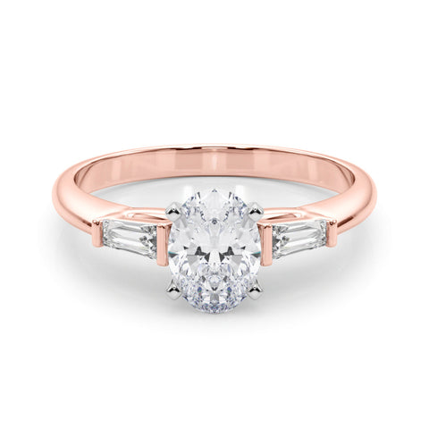 Rose gold Oval Solitaire with Tapered Baguette Side Stones on a Classic Band with Four-Prong Setting